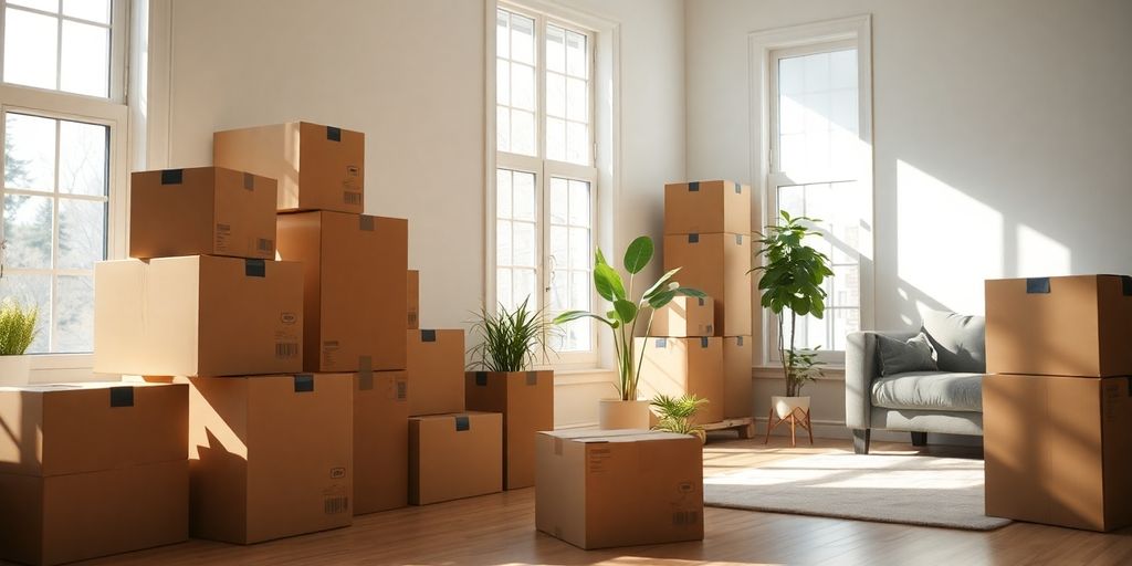 اتاق نشیمن تمیز با جعبههای اسبابکشی مرتب